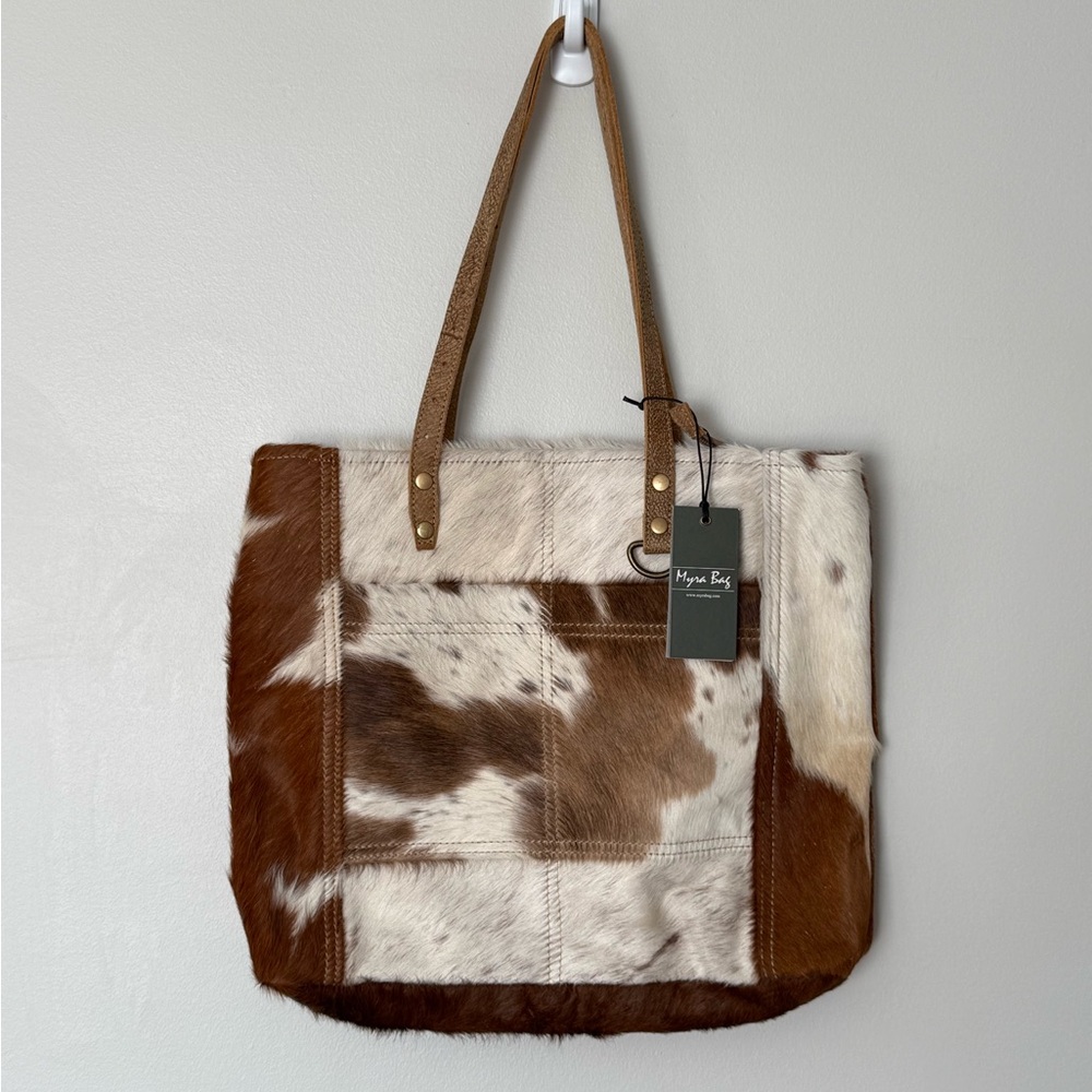 Myra Bag Brown & White Cowhide Patchwork Tote